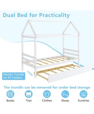 Twin House Bed Frame w/ Trundle Roof Wooden Platform Mattress Foundation Grey