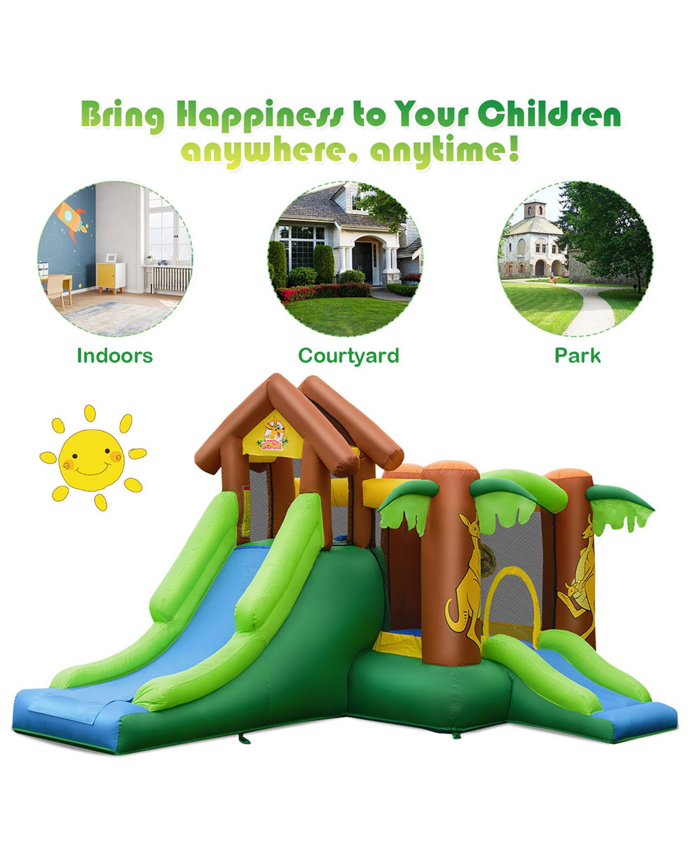 Детская игрушка Costway Jungle Dual-Slide Puncture-Resistant Inflatable Bounce House, 12.5'L x 11.5'W x 7.5'H, Up to 5 Players, Ages 3+, цвет: Зелёный — фото 8