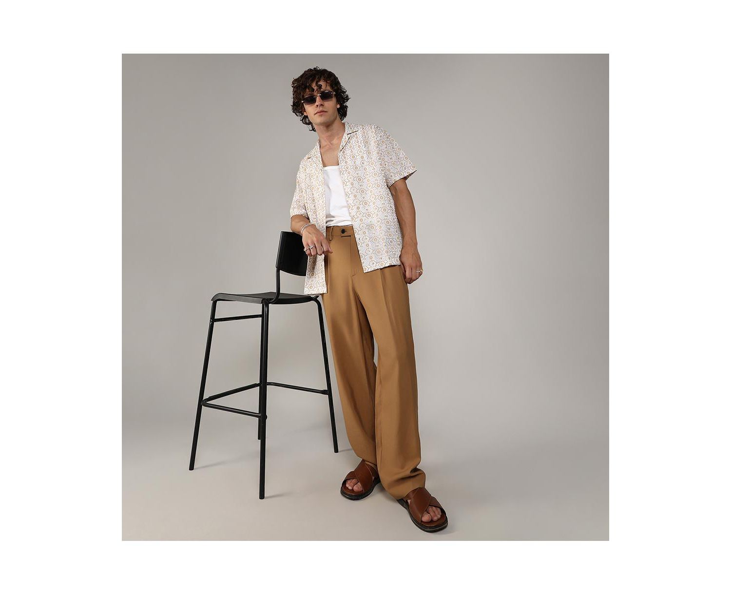Men's Off-White & Beige Embroidered Geometric Shirt