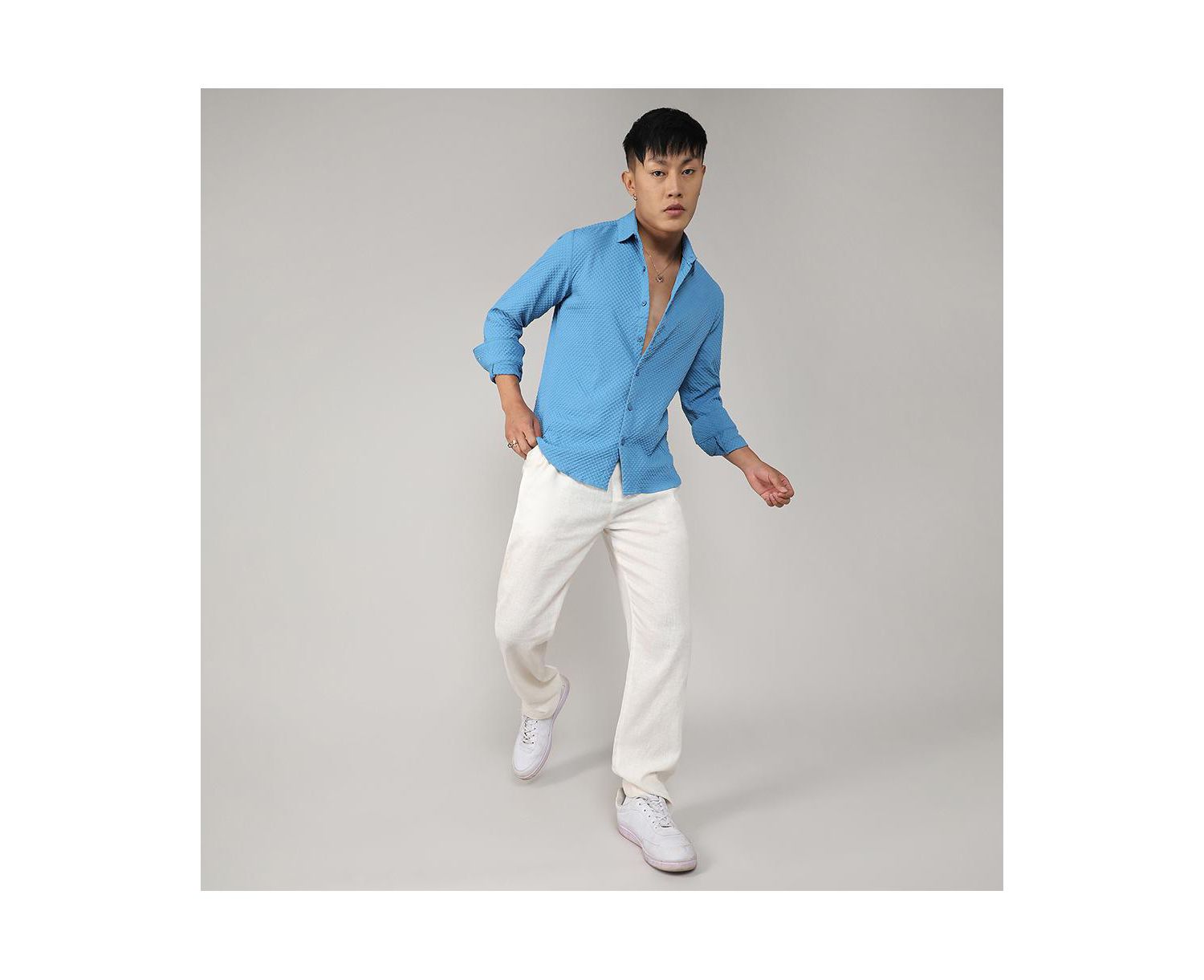 Men's Sky Blue Textured Micro Buffalo Check Shirt