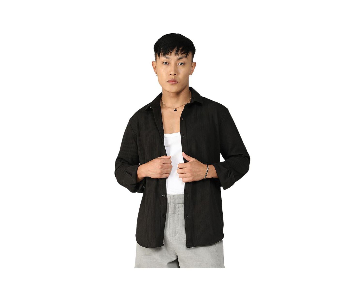 Men's Onyx Black Stripe-Creased Shirt