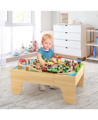 84-Piece Wooden Train Set with Reversible and Detachable Tabletop