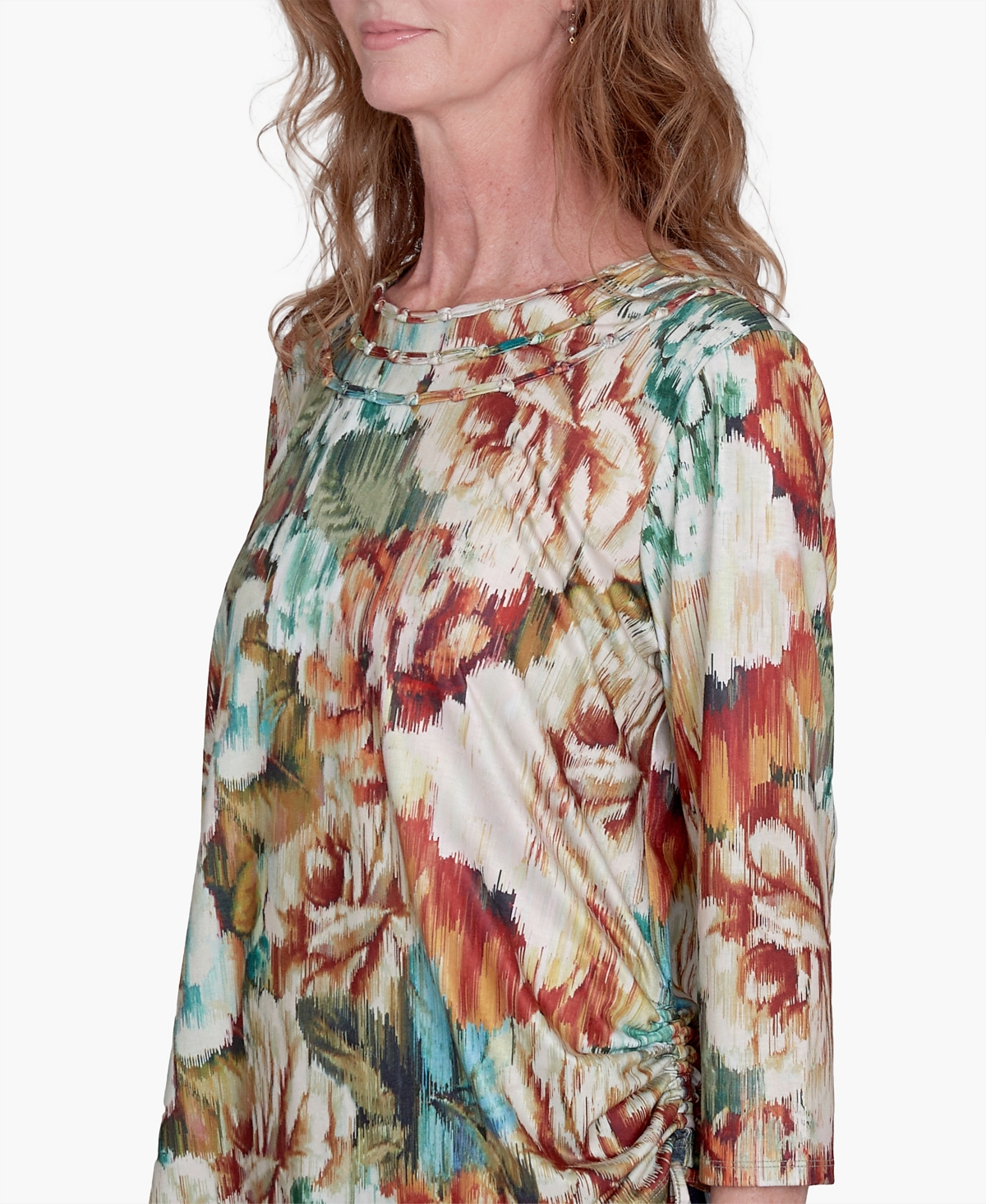 Alfred Dunner Petite Classics Earth Floral Crew Neck Top In Multi