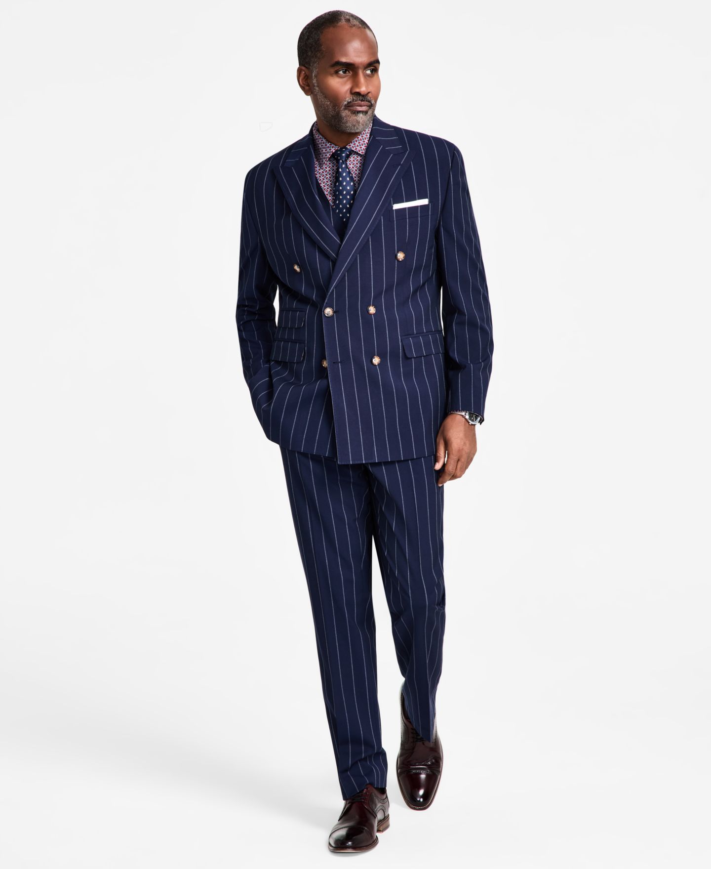 Мужские комплекты Tayion Collection Pinstriped Double-Breasted Suit Separate, цвет: Синий — фото 1