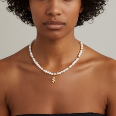 Freshwater Pearl Necklace with Gold Star Beads & Teddy Bear Pendant