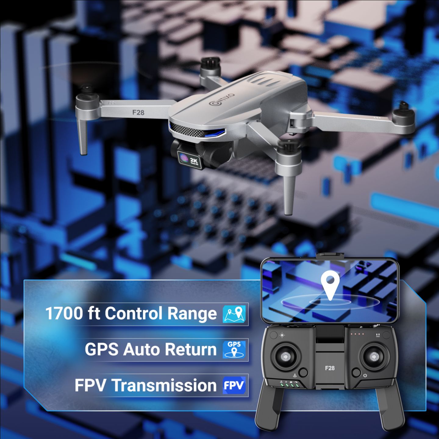 Детская игрушка Contixo F28 Foldable GPS Drone with 2K Full HD Camera, цвет: Серебряный — фото 4