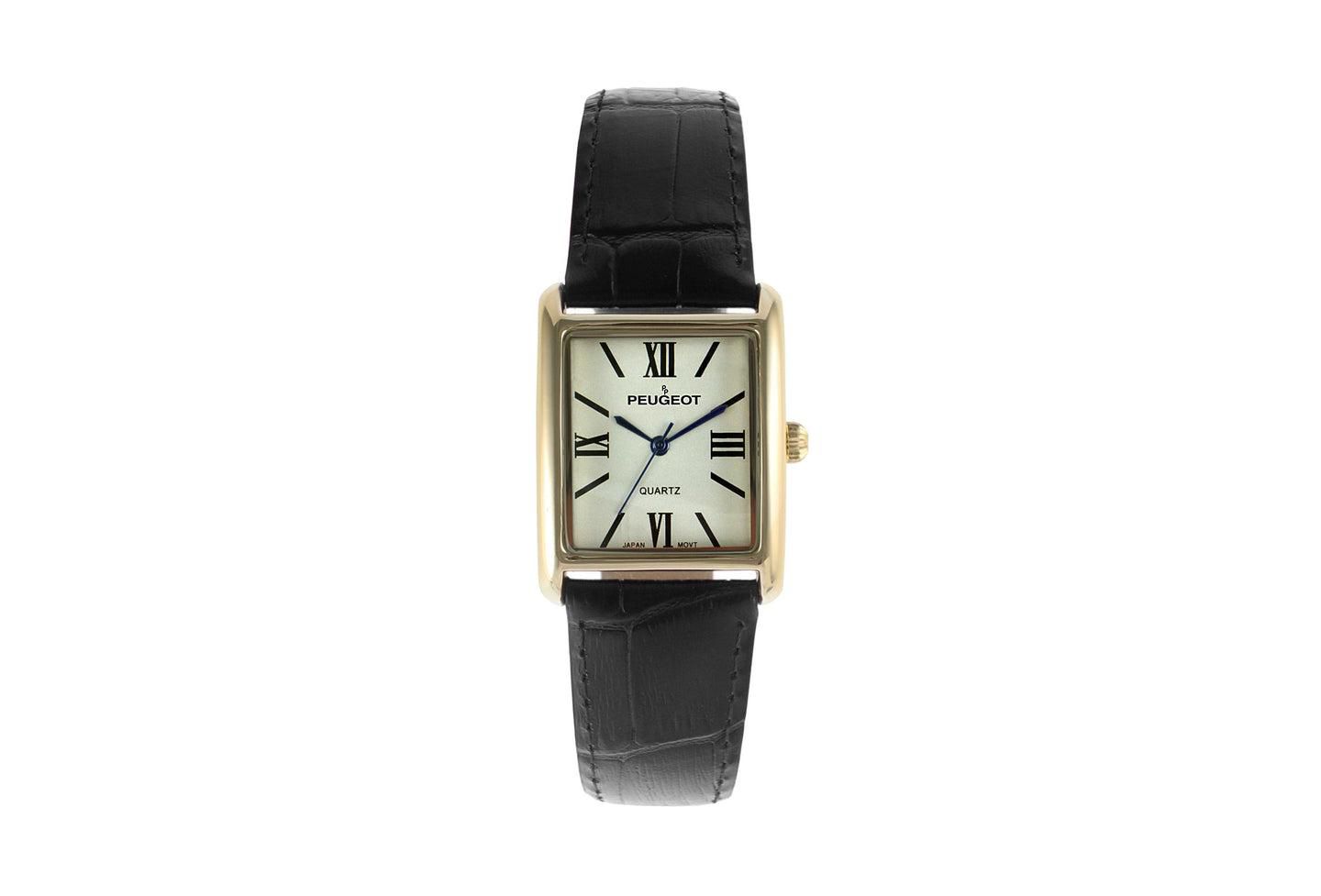 Женские часы Peugeot Tank Watch Roman Dial Black Leather Strap, цвет: Чёрный — фото 1