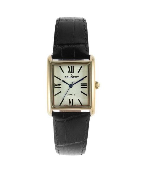 Женские часы Peugeot Tank Watch Roman Dial Black Leather Strap, цвет: Чёрный