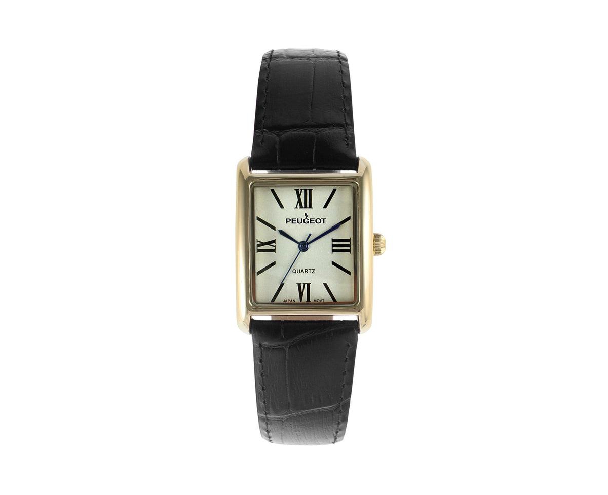 Women's Tank Watch Roman Dial Black Leather Strap - Black