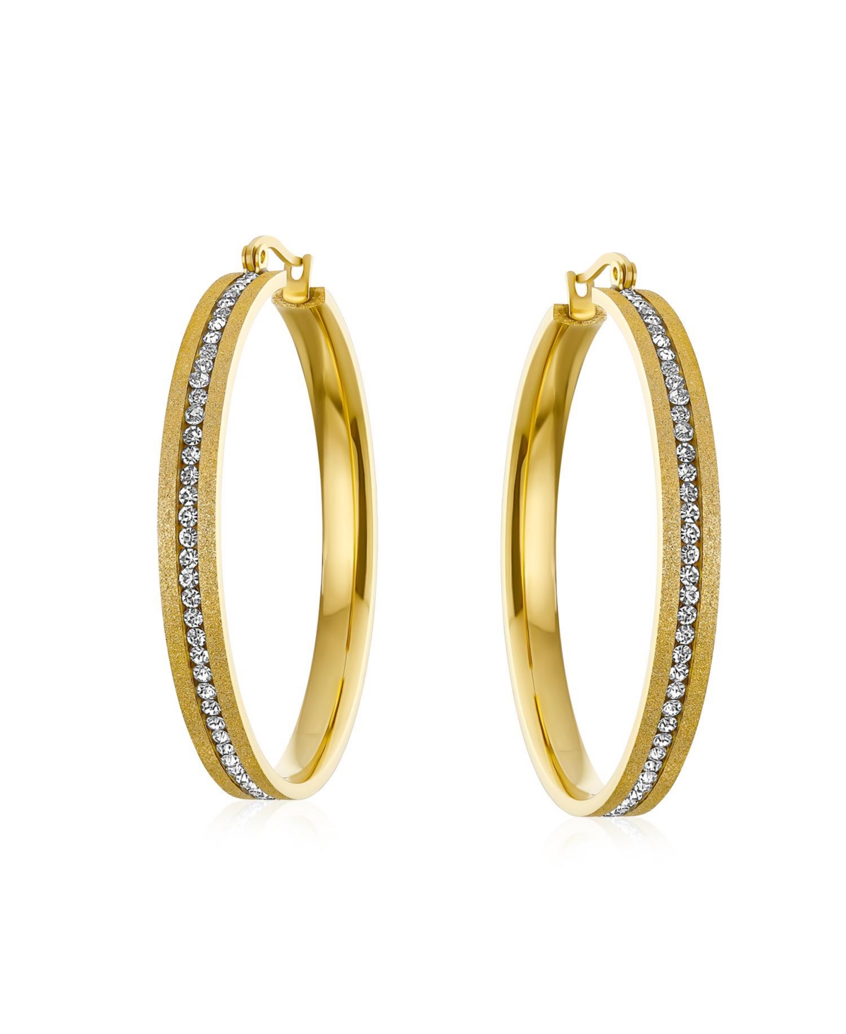 Bling Jewelry Round Channel Set Cz Hoop Earrings Stardust Brush Matte Finish Channel Set Cz Gold Plated Stainless Steel 2 In Diameter