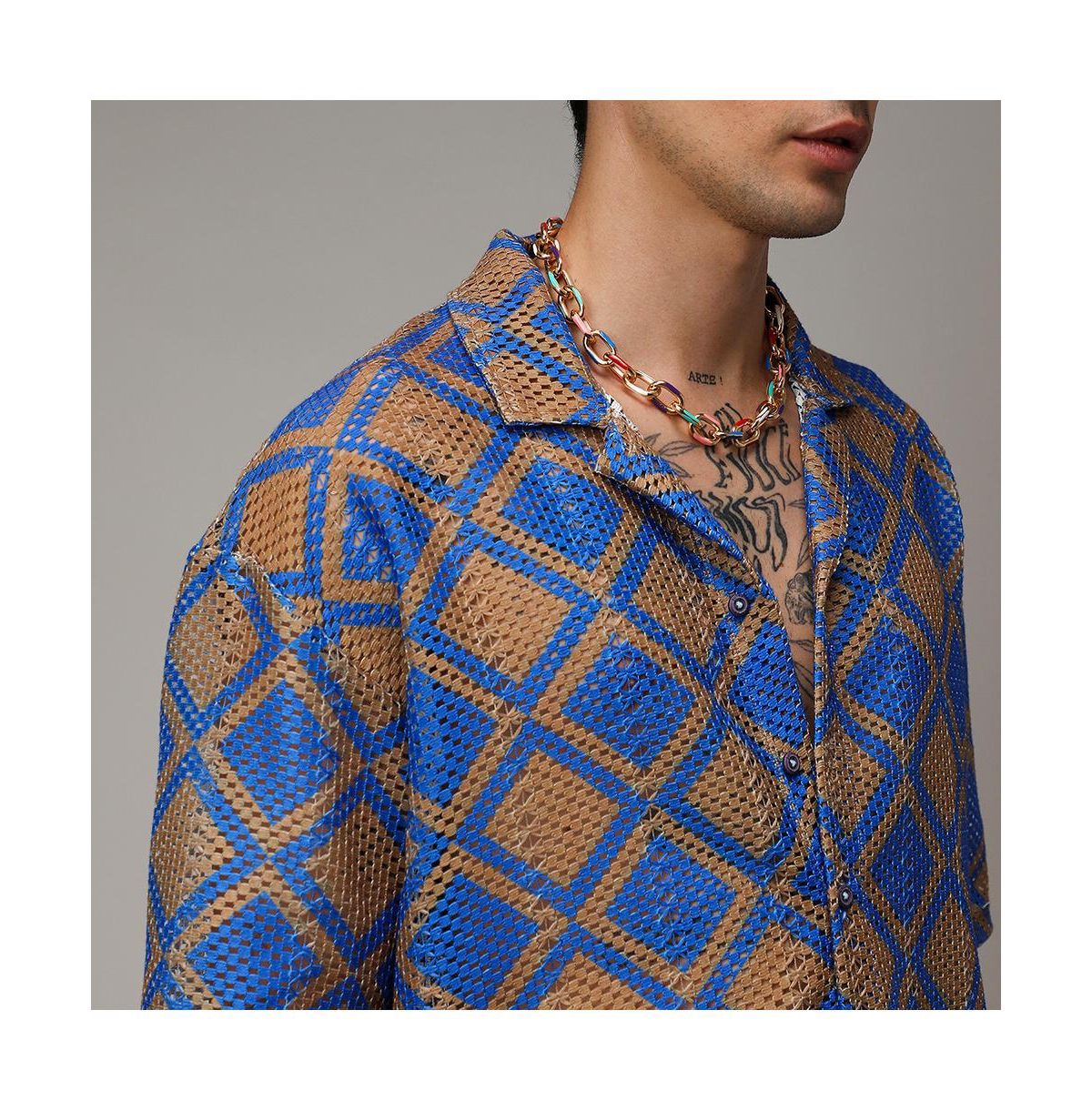 Campus Sutra Men's Royal& Mocha Brown Geometric Block Oversized Shirt - Blue