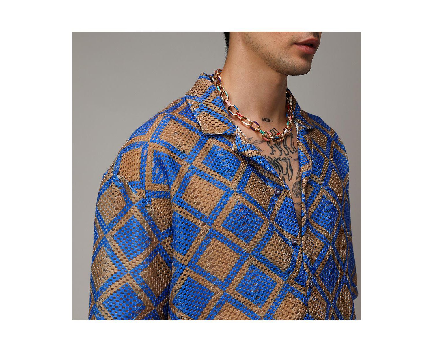 Men's Royal Blue & Mocha Brown Geometric Block Oversized Shirt