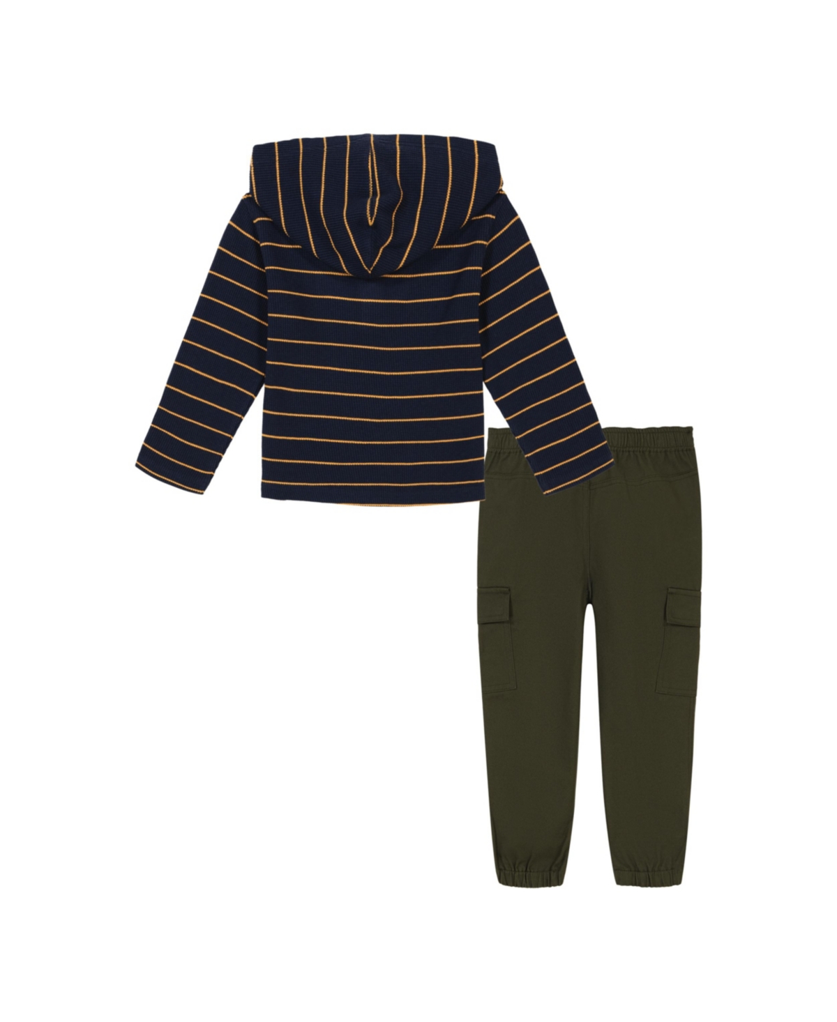Nautica Toddler and Little Boys Long Sleeve Hooded Henley Striped Thermal Top Twill Cargo Joggers Set -Prime Olive