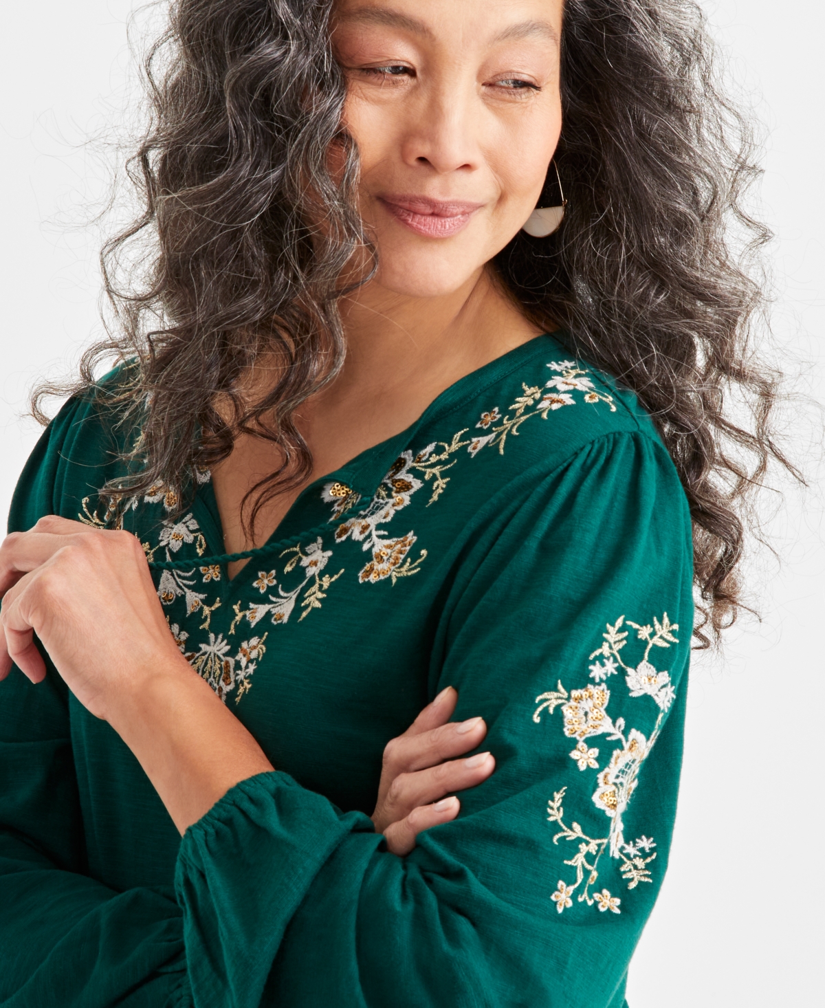 Style & Co Women's Shine Embroidered Long-Sleeve Blouse, Created for Macy's