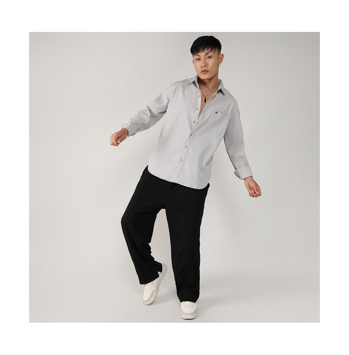 Campus Sutra Men's Greige Textured Ruched Shirt