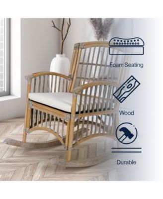 Swayze Bohemian Farmhouse Woven Rattan/Wood Rocking Chair, White Cushion with Gray/White Wash Frame