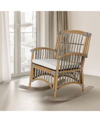 Swayze Bohemian Farmhouse Woven Rattan/Wood Rocking Chair, White Cushion with Gray/White Wash Frame