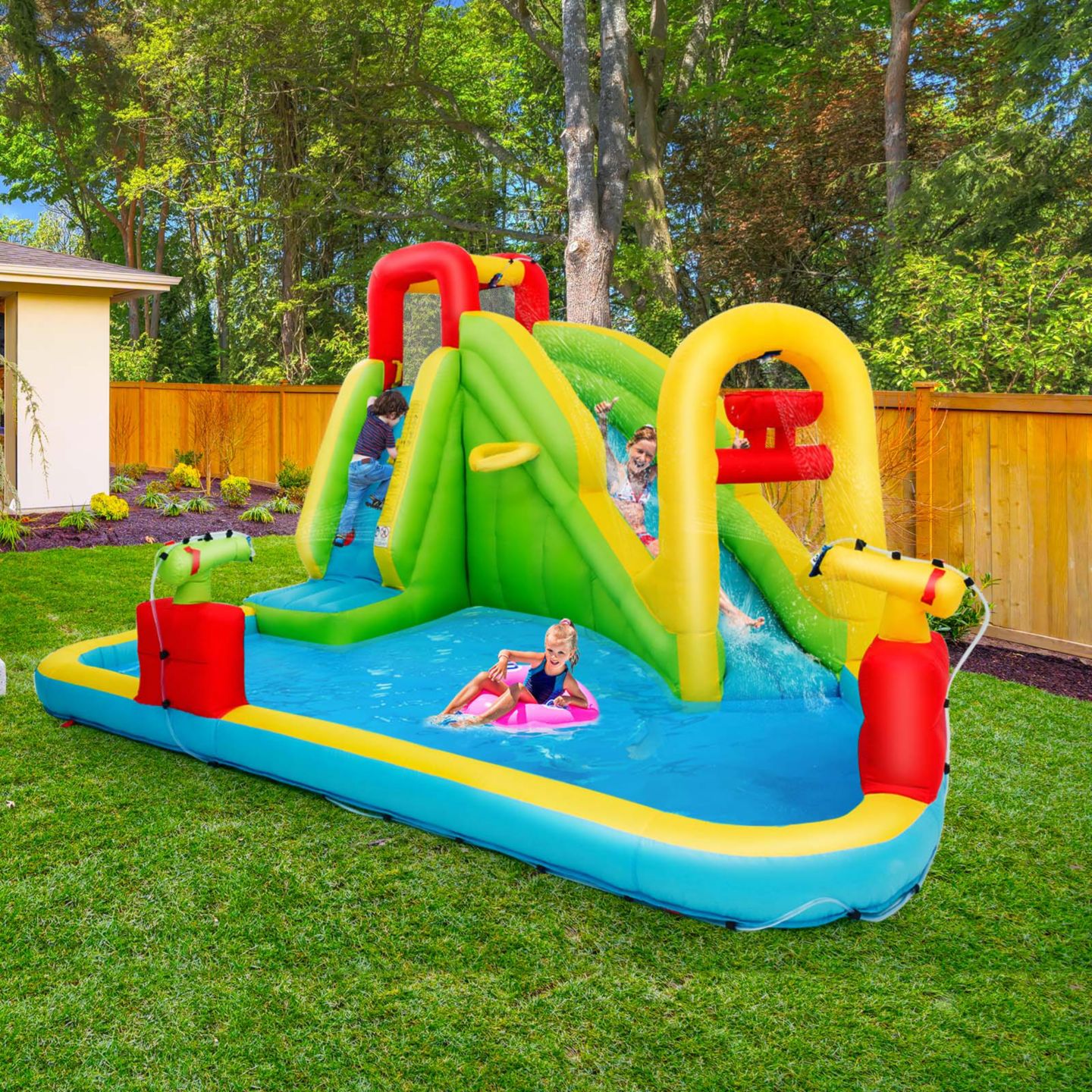Детская игрушка Costway Inflatable Water Slide Oxford Cloth Bounce House with Splash Pool, Climbing Wall & Basketball Rim, Ages 3-10, цвет: Синий — фото 3