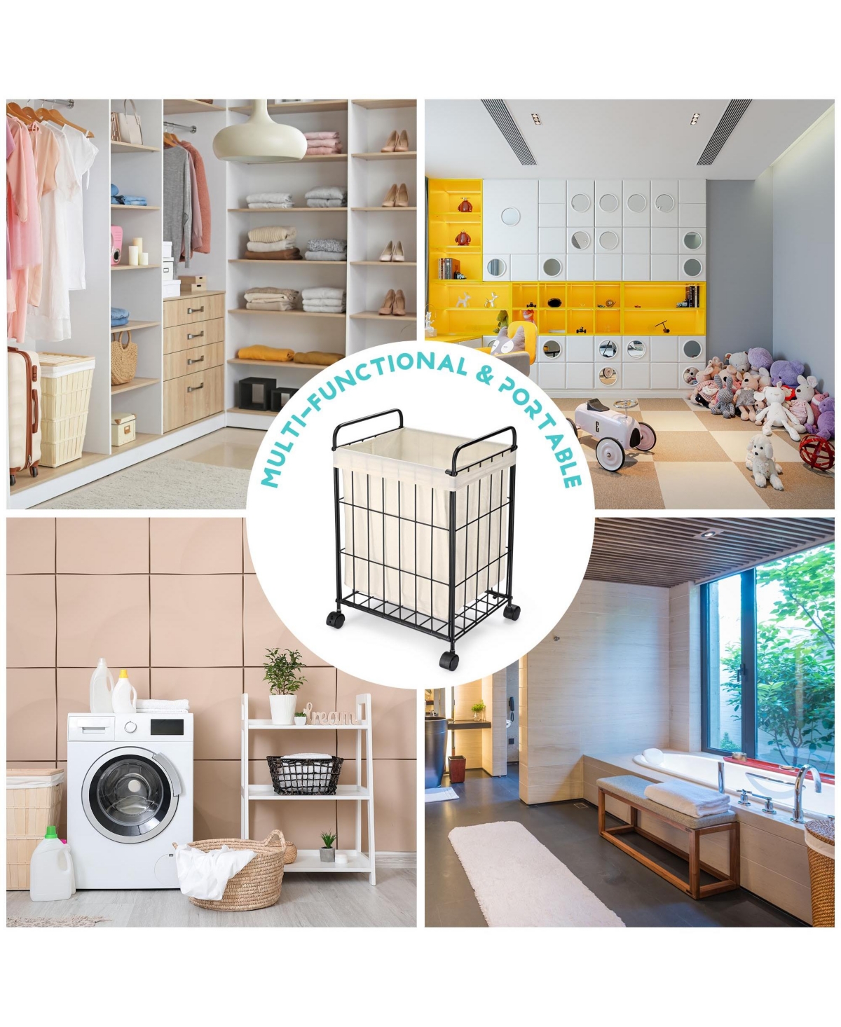 Laundry Hamper with Wheels Clothes Storage Bin Rolling Cart Industrial Style