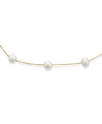 Tin Cup Freshwater Cultured Pearl Natural Stone Necklace Chain Station Yellow Gold Plated Sterling Silver 16-18 Inch