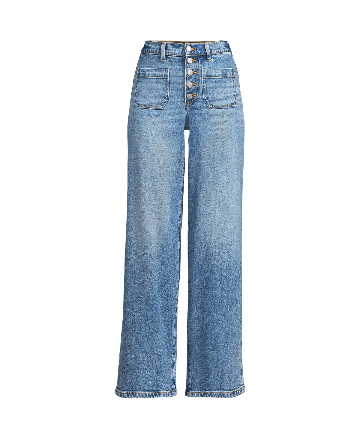 Lands' End Petite Denim High Rise Button Front Patch Pocket Wide Leg Jeans