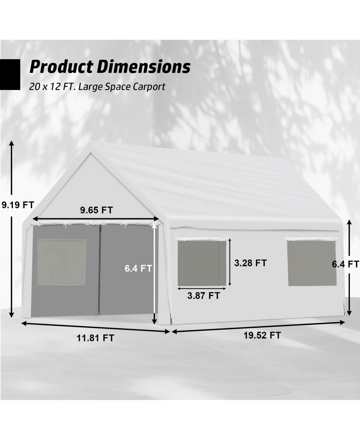  Aoodor 20 x 12 Ft. Vehicle Carport Canopy Portable Garage Party Canopy Tent Boat Shelter, Heavy Duty Metal Frame with Removable Rool-up
