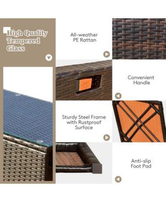 8 PCS Outdoor Wicker Furniture Set with Storage Box Tempered Glass Table 2 Ottomans