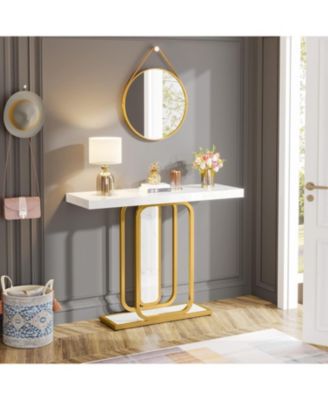 Modern Gold White Console Table with LED Lights, 41.3 Inch Entryway Hallway Foyer Accent Table with Faux Marble Veneer for Living Room, Entrance