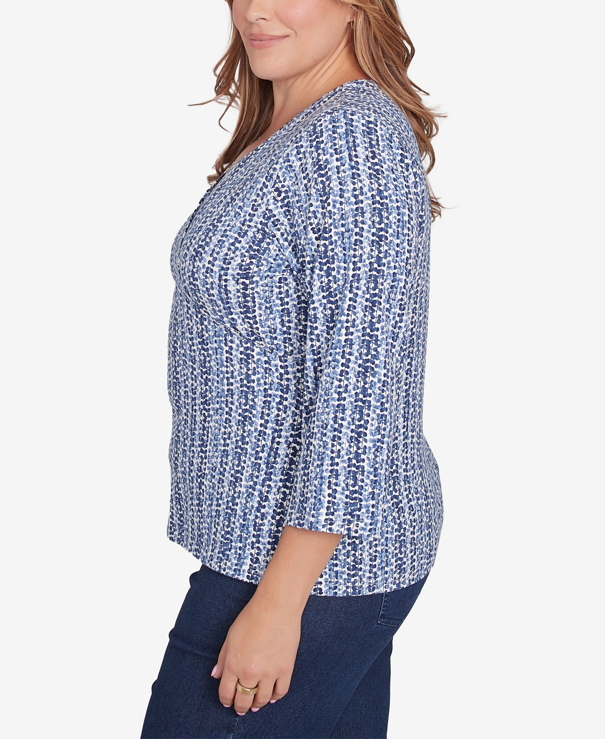 Hearts Of Palm Plus Size Lets Rendez-Blue Printed 3/4 Sleeve Top