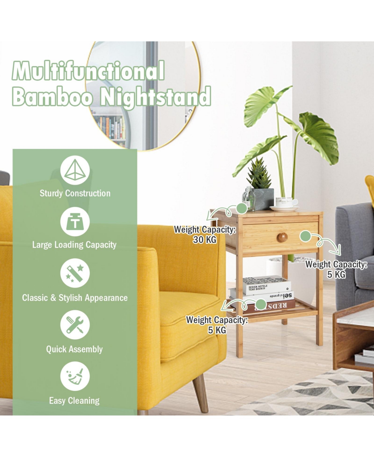 Sugift Bamboo Nightstand with Drawer and Open Shelf