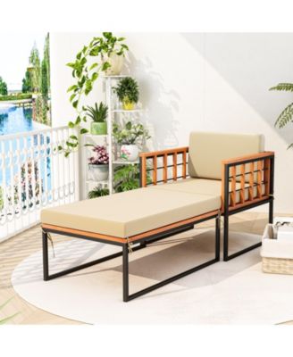 Patio Acacia Wood Armchair with Long Ottoman and Seat Back Cushions