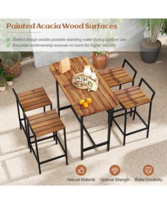5 Piece Acacia Wood Bar Table Set Bar Height Table and Chairs with Metal Frame and Footrest
