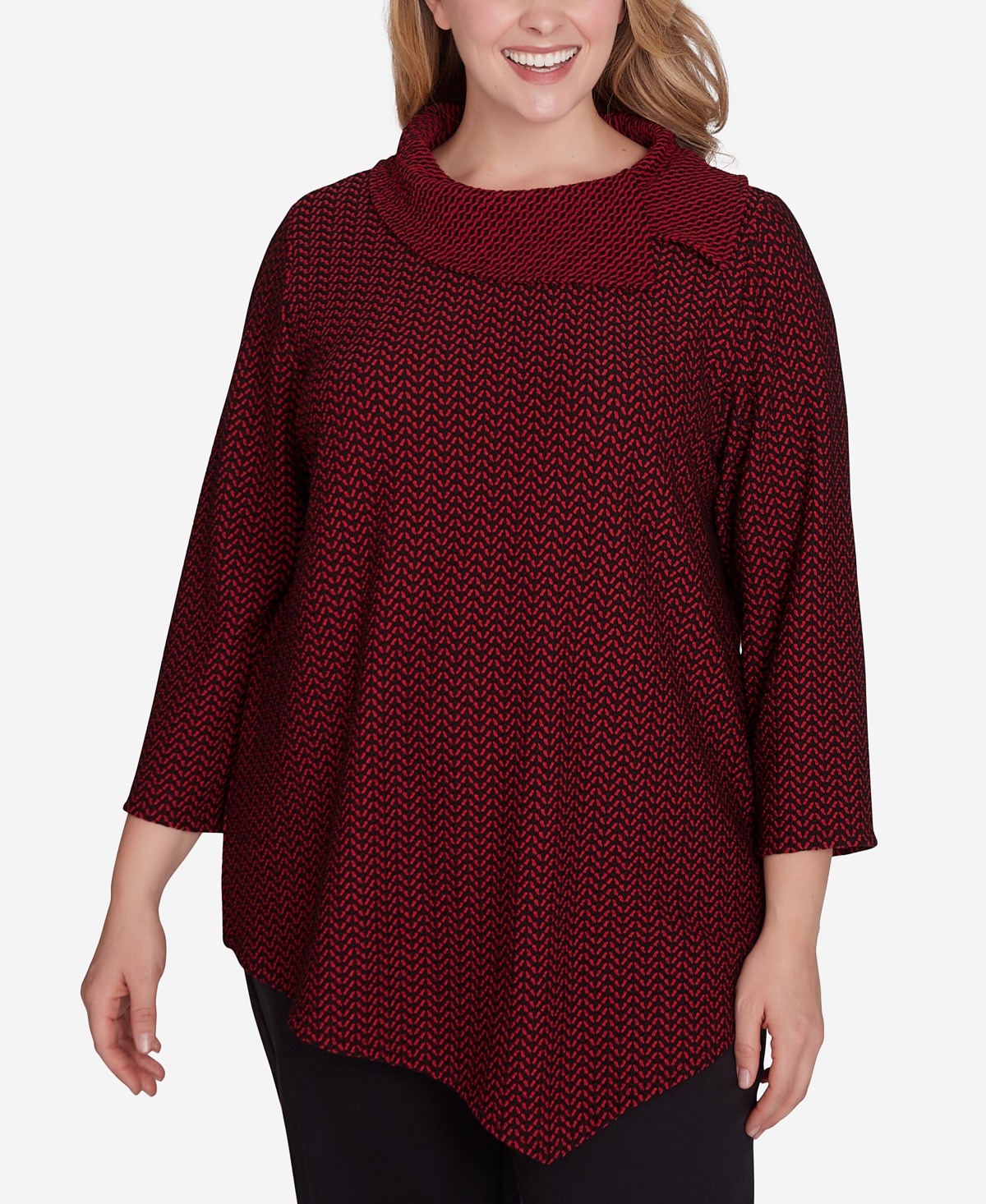 Ruby Rd. Plus Size Split Cowl Neck Textured Herringbone Jacquard Knit Top