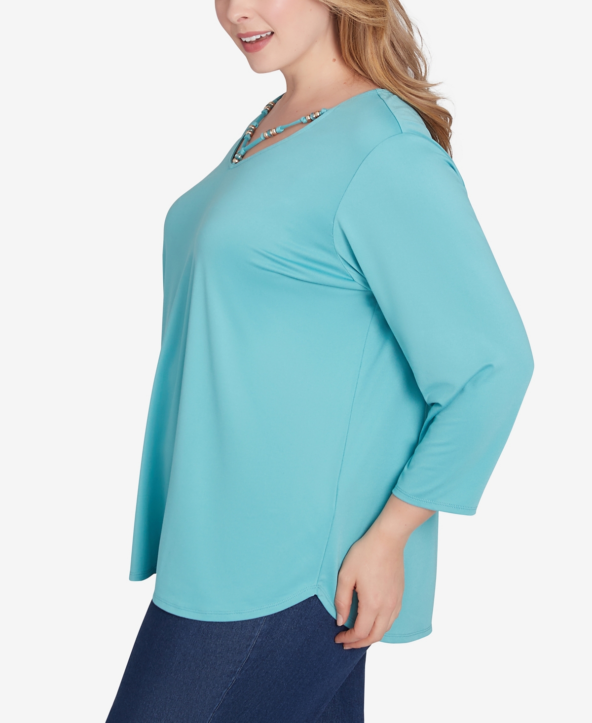 Ruby Rd. Plus Size V-Neck Solid Knit Top with Bead Detail