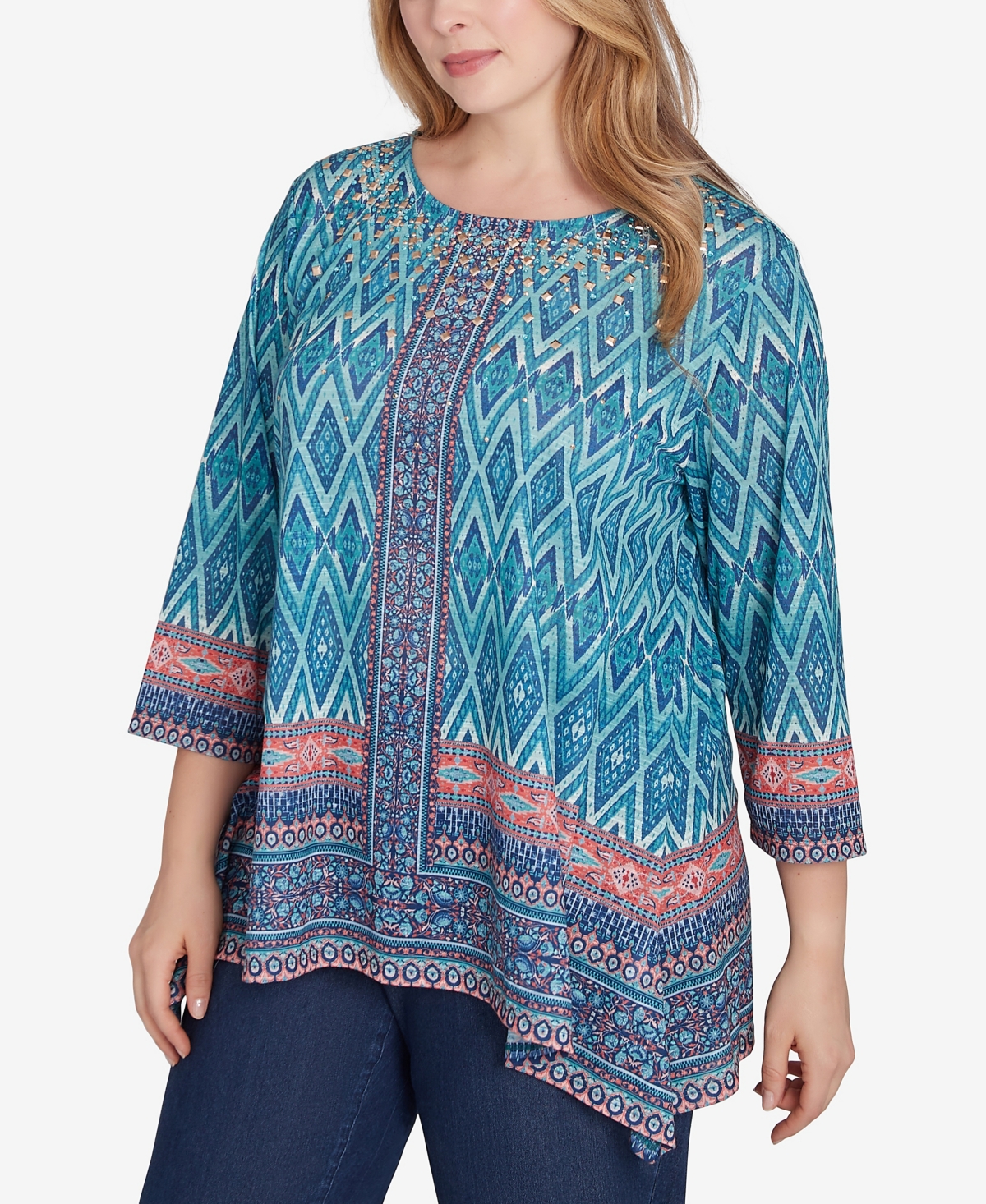 Ruby Rd. Plus Size Embellished Scoop Neck Placement Print Slub Jersey Sharkbite Top