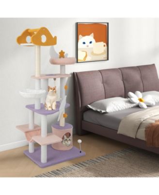 66 Inch Cute Cat Tree Cats Multi-level Tall Cat Tower with Sisal Covered Scratching Posts-Purple