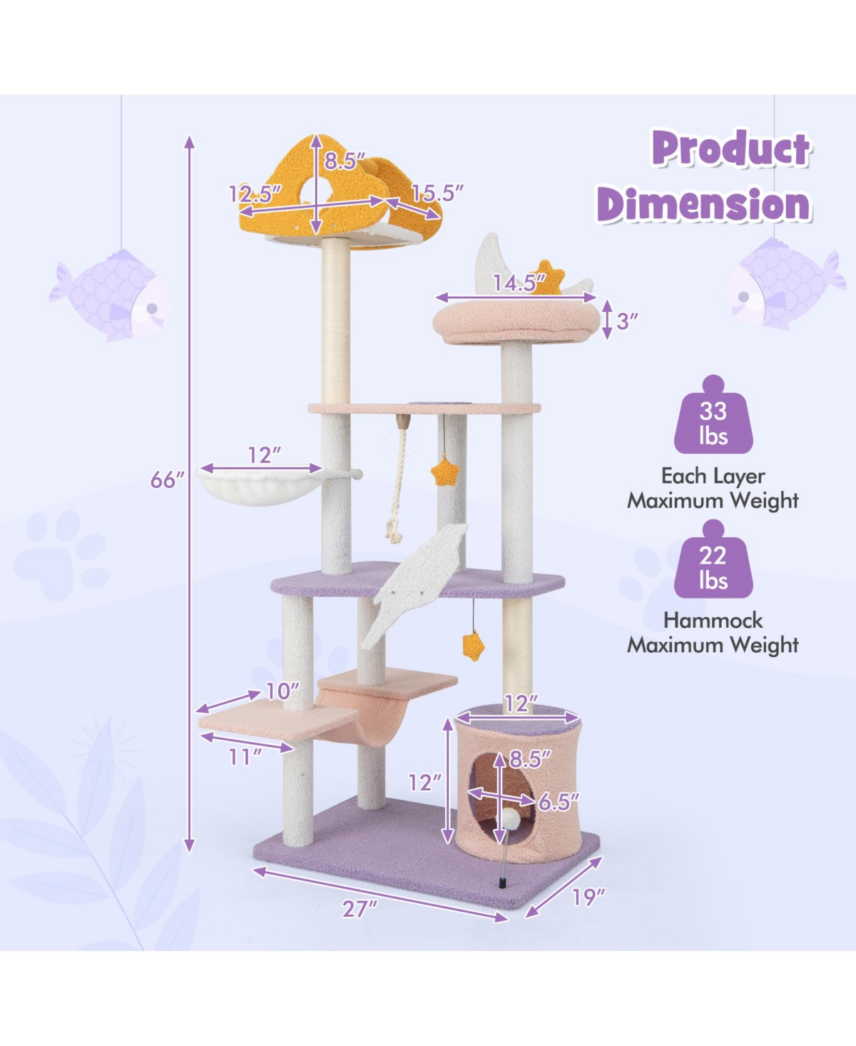 Skonyon Cute Cat Tree Cats Multi-level Tall Cat Tower with Sisal Covered Scratching Posts- Purple