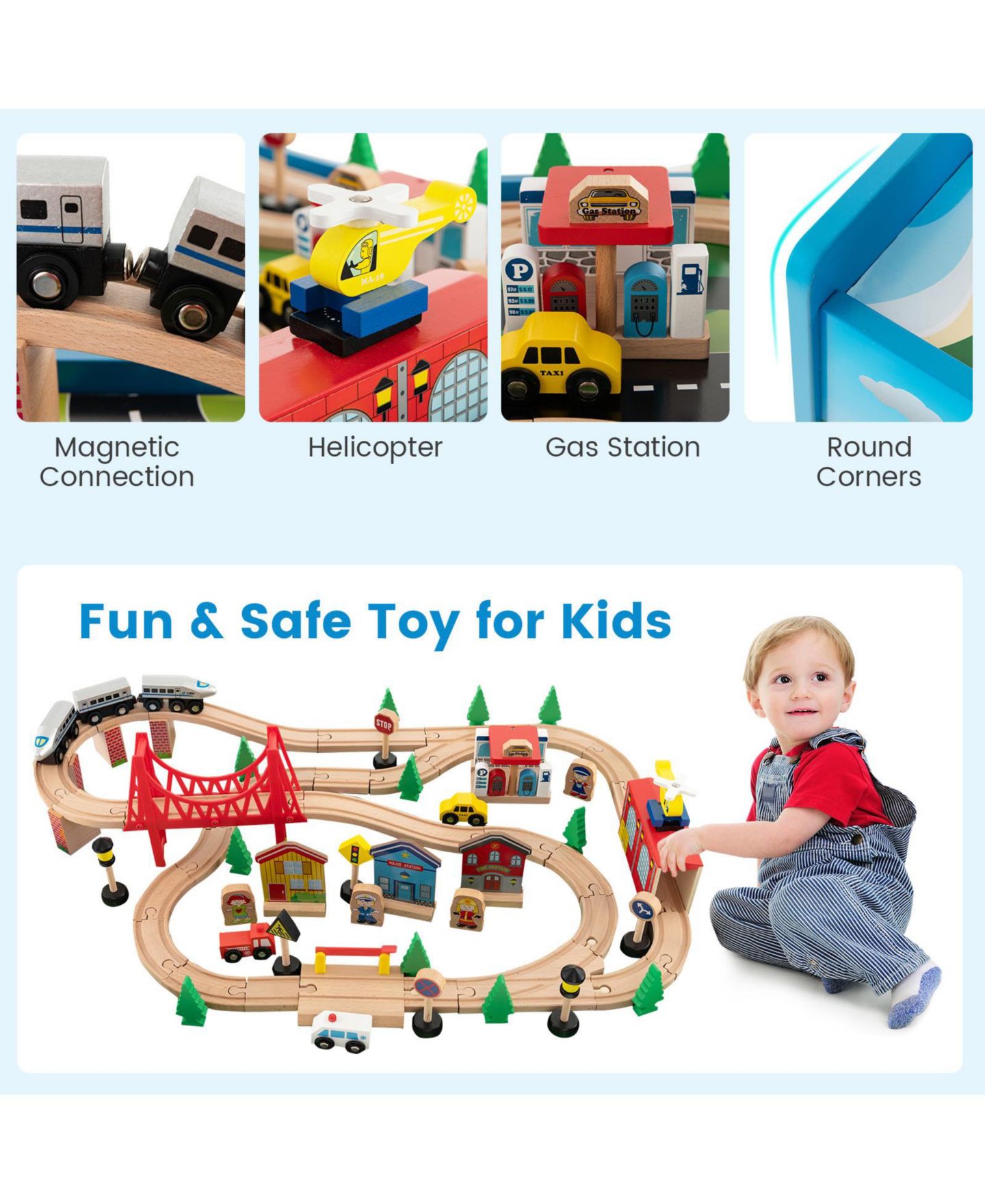 Детские игрушки GIVIMO 80-Piece Wooden Train Set and Table, цвет: Синий — фото 5