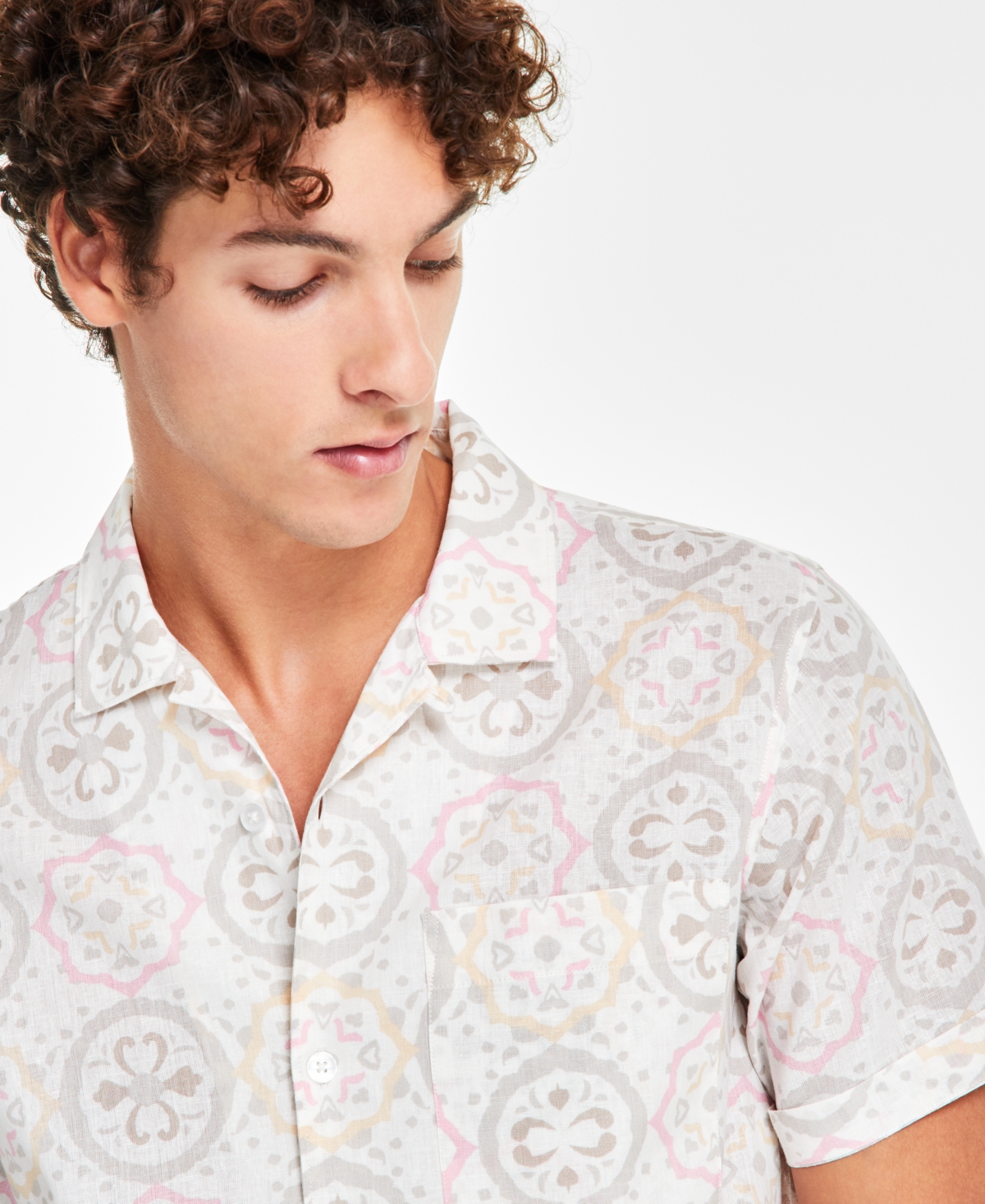 Shop Sun + Stone Men's Becker Regular-fit Medallion-print Button-down Linen Blend Camp Shirt, Created For Macy's In Spring Strawberry