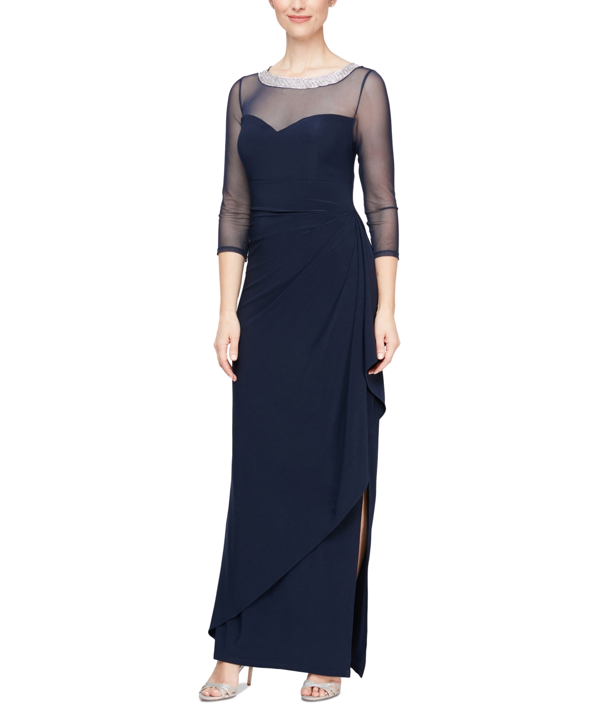 Alex Evenings Embellished Illusion Neck Matte Jersey Gown In Navy