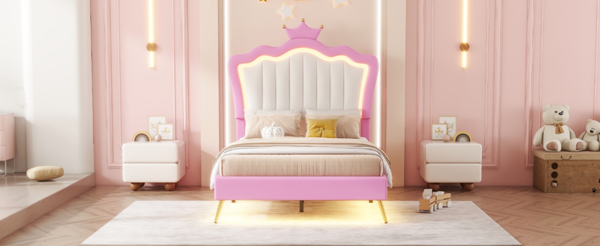 Streamdale Furniture Upholstered Princess Bed with Led Crown Headboard