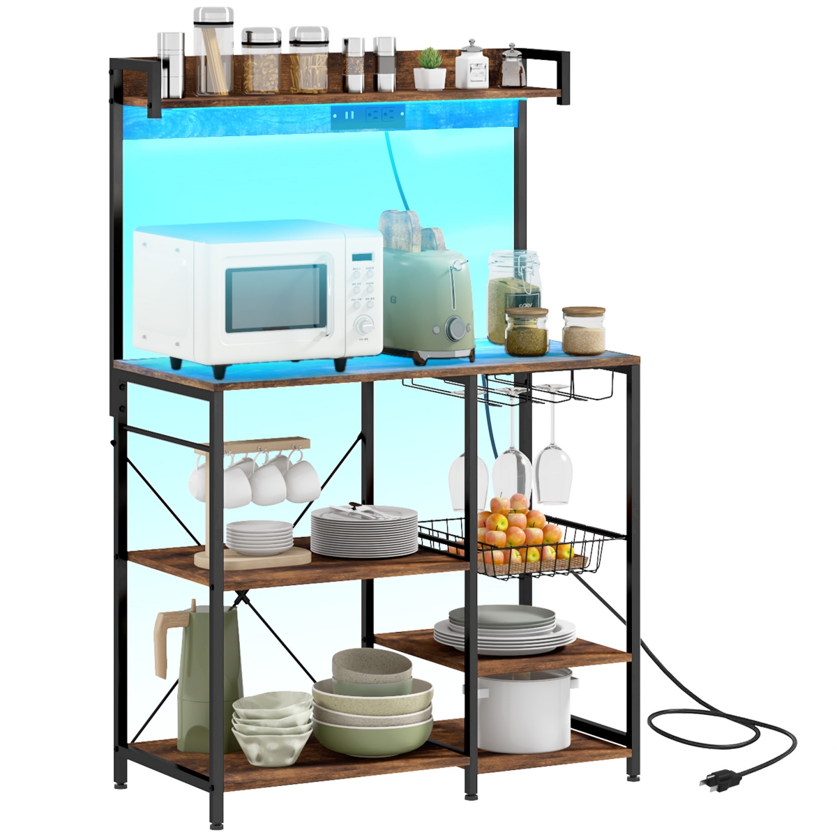 Simplie Fun Baker's Rack with Power Outlets & Led Lights - Rustic brown