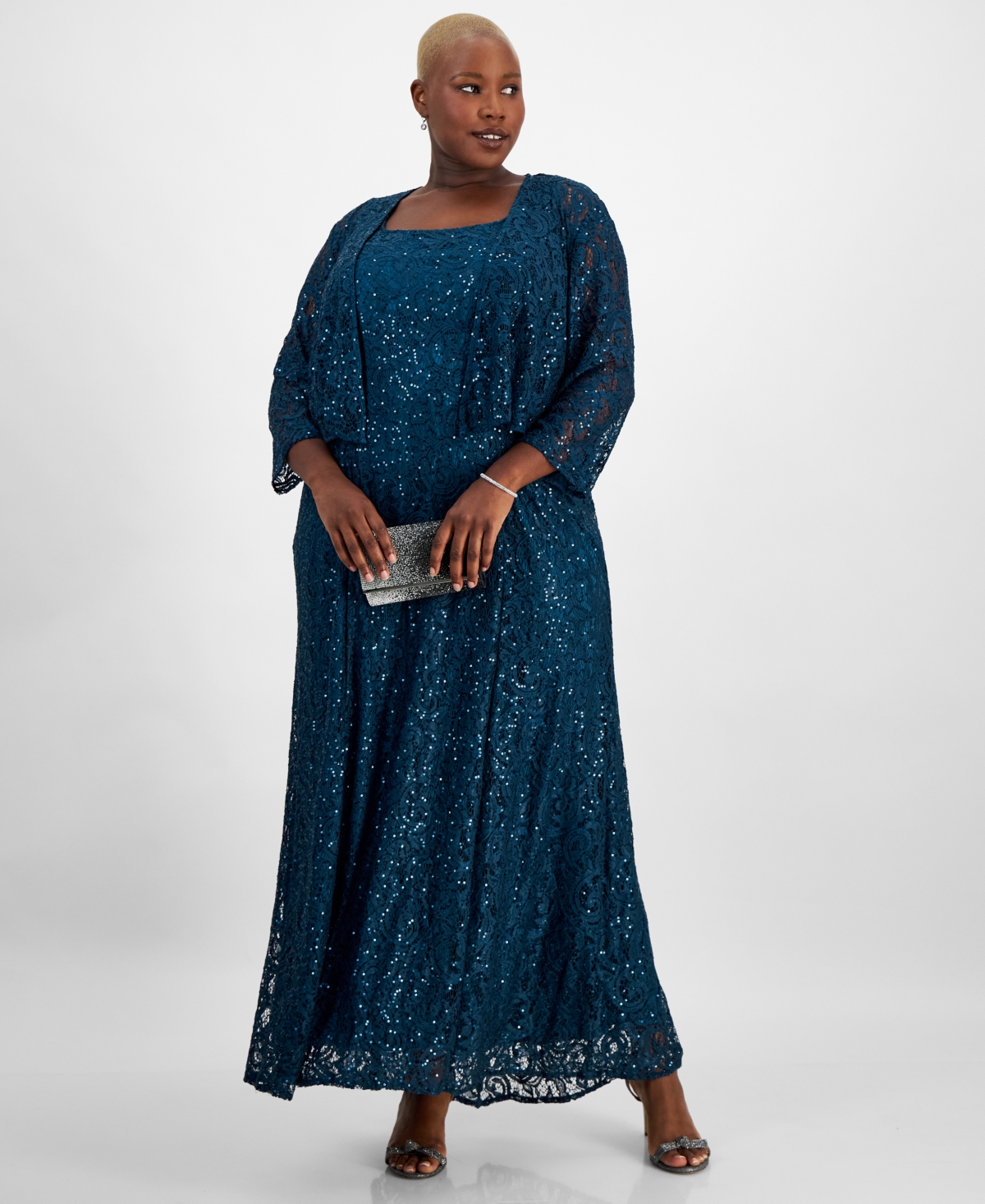 Alex Evenings Dress and Jacket Patterned Sparkle Evening Dress Navy Smart Closet