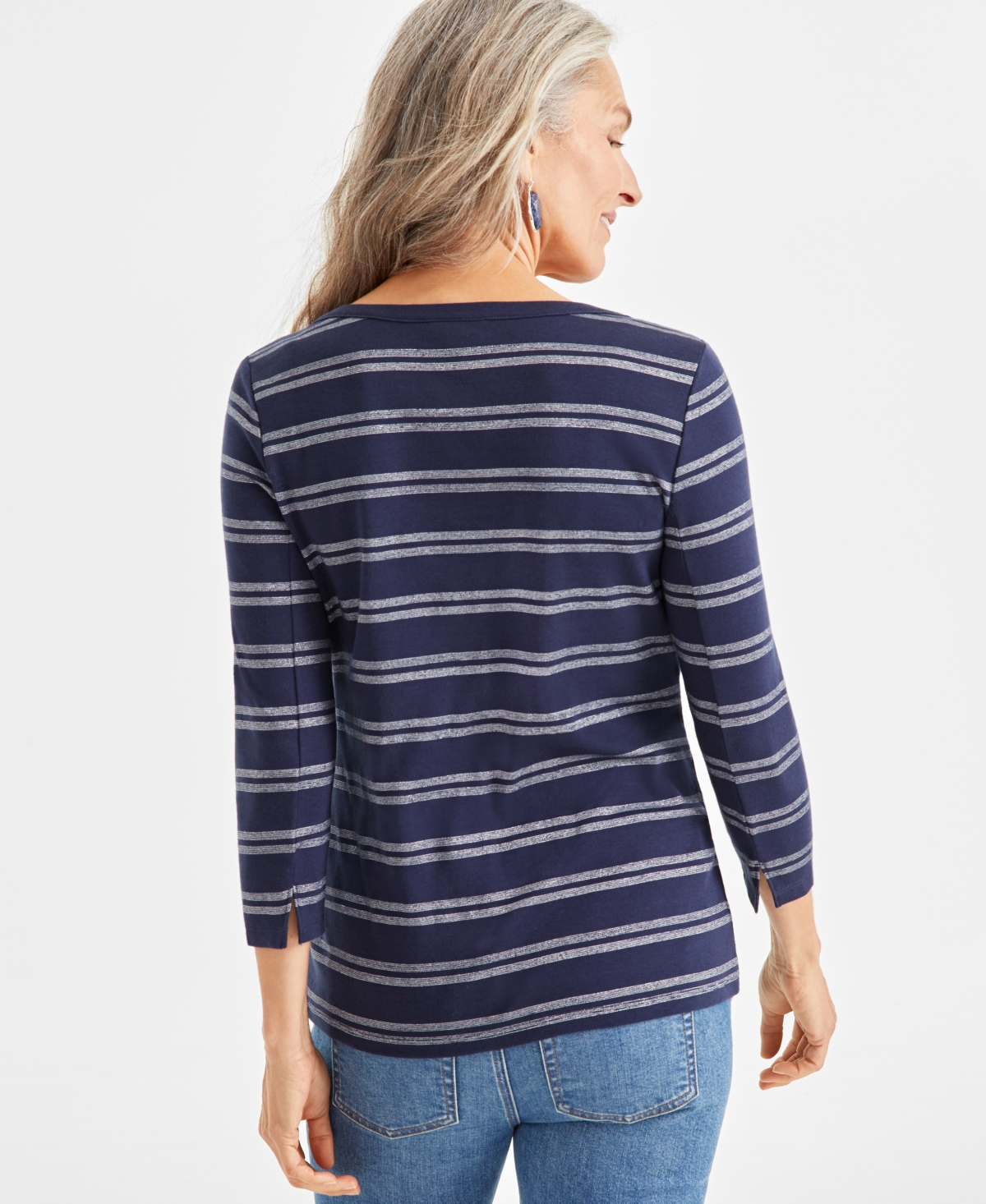 Style & Co Women's Striped Metallic 3/4 Sleeve Top, Created for Macy's