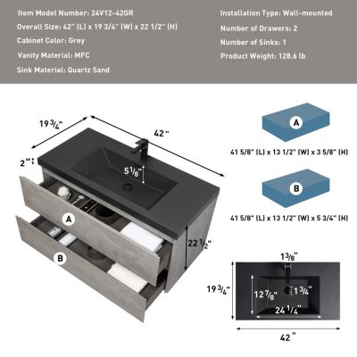 Streamdale Modern 42&amp;#x22; Floating Vanity with Black Quartz Basin