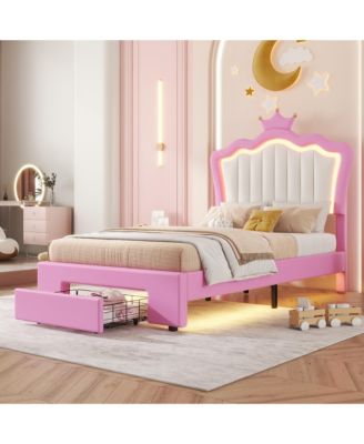 Twin Upholstered Bed with Crown Headboard and LED Lights