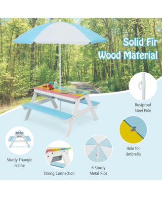 3-in-1 Kids Picnic Table Wooden Outdoor Sand & Water Table w/Umbrella Play Box es