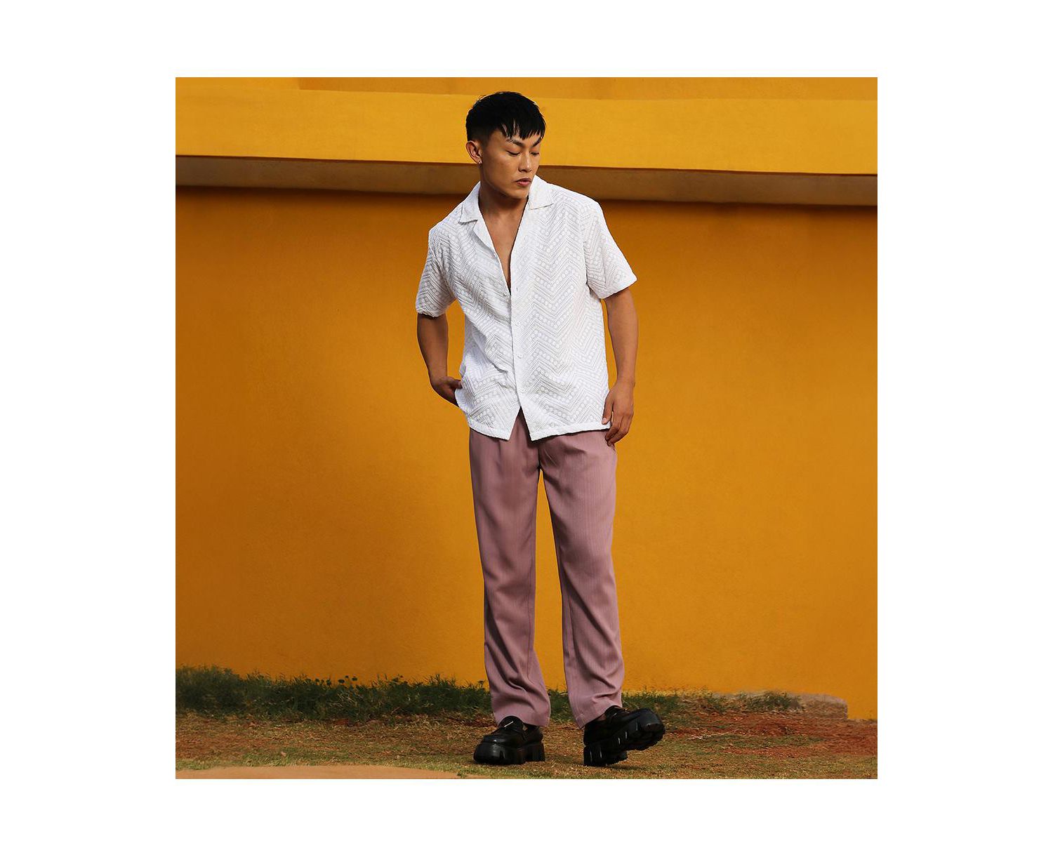 Men's Chalk White Embroidered Zig-Zag Shirt