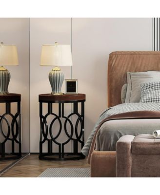 Round End Table, Industrial SideTable with Metal Hollow Frame, Small Bedside Table Nightstand for Living Room, Bedroom, Easy Assembly