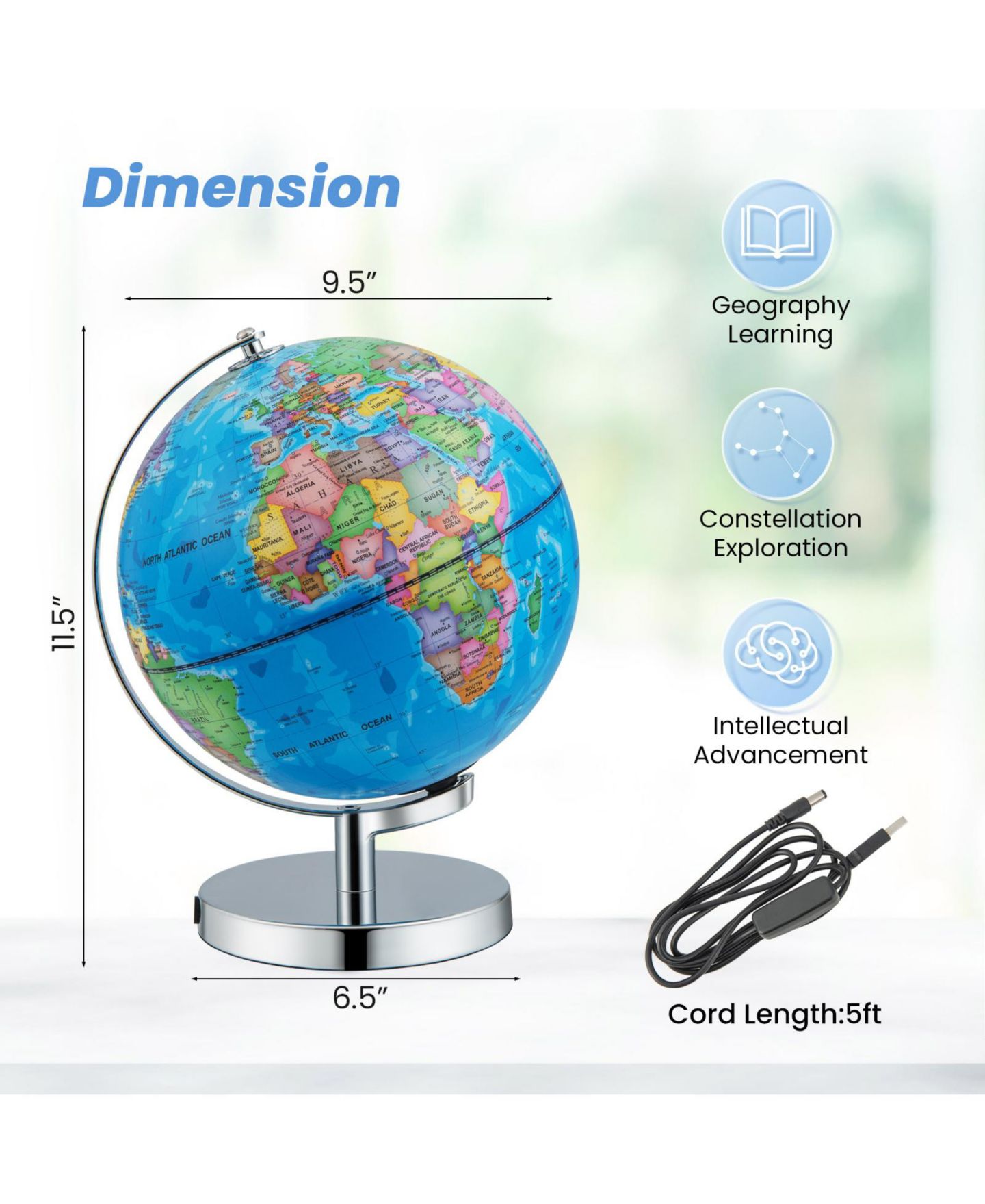 Детская игрушка VEBREDA 3-in-1 Illuminated World Globe with Stand and 88 Constellations, цвет: Синий — фото 2